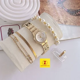 ست ساعت زنانه و 3 دستبند استیل و مرواریدی و انگشتر