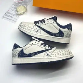 کفش نایک ایر جردن وان لو تراویس اسکات لویی ویتون کرم آبی Nike Air Jordan 1 Low Travis Scott Louis Vuitton Cream Blue
