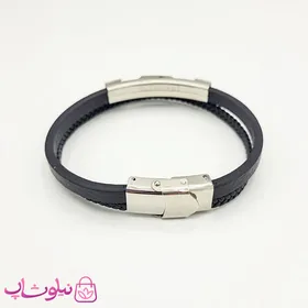 دستبند مردانه چرم و استیل مدل کارتیر مشکی نقره ای