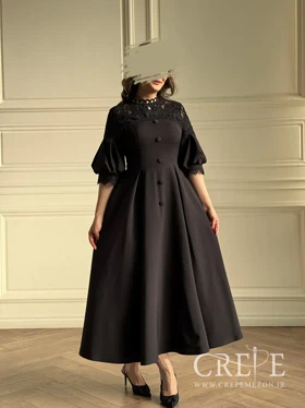 پیراهن میدی بالاتنه گیپور آستین پفی