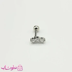 پیرسینگ گوش نقره‌ای طرح سه نگین سفید