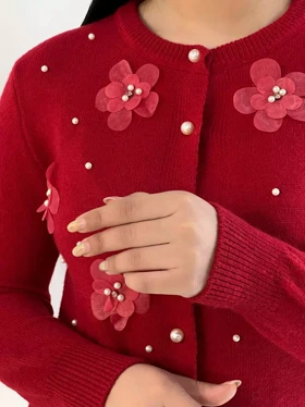 ژاکت بافت گل و مروارید گل برجسته کد 5318