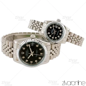 ست ساعت رولکس دیت جاست سیلور صفحه مشکی نگین‌دار 104535