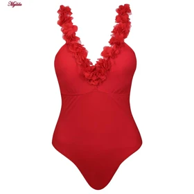 مایو بدون فنر زنانه فیتن مدل گل برجسته پددار قرمز کد 4942-290