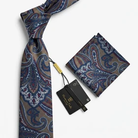 کراوات و پوشت دستدوز طرح بوته و جقه درشت برند Massimo Dutti (موکا)