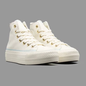 کانورس پلتفرم سفید طلایی گلدوزی ساق‌دار Converse Platform White Gold Embroidery Hightop