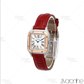 ساعت کارتیر زنانه مدل سانتوس دومونت قاب رزگلد نقره ای بند چرم قرمز 106174