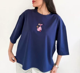 تیشرت باکسی گلدوزی زنانه پلنگ صورتی