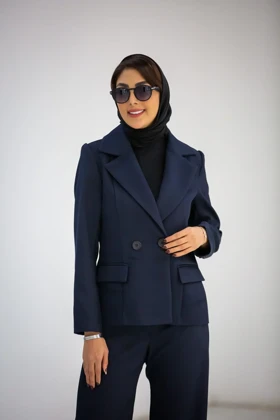 کت زنانه بلدینگ یقه E دو دکمه (سرمه ای)