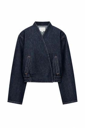 بامبر جین کیمونو زنانه – مدل وراپ تیره (Dark Indigo Wrap Denim Jacket)