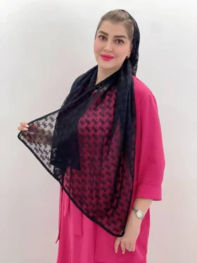 شال توری مشکی طرح الو Alo - دوردوزی شده وارداتی ترک