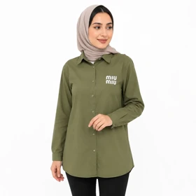 مانتو نخی زنانه طرح MIUMIU یقه انگلیسی سبز زیتونی وارداتی