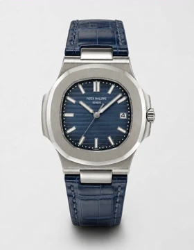 ساعت پتک فیلیپ ناتیلوس مردانه نقره ای بند چرم سرمه ای Patek Philippe Nautilus