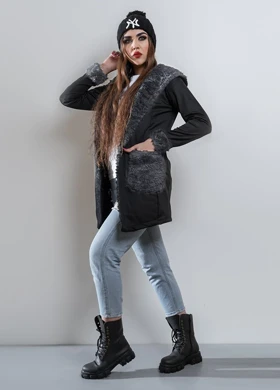 شنل زنانه مشکی خز طوسی مدل Venit