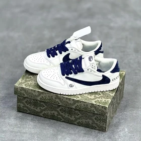 کفش نایک ایر جردن وان لو تراویس اسکات گوچی سفید سرمه ای Nike Air Jordan 1 Low Travis Scott Gucci White Navy