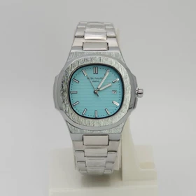 ساعت مچی مردانه پتک فیلیپ ناتیلوس Patek Philippe Nautlus طرح اتوماتیک موتور نما (نقره ای صفحه آبی)