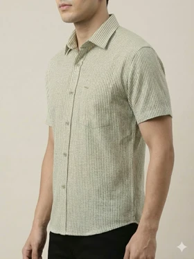 پیراهن مردانه آستین کوتاه راه راه کنفی سبز 711