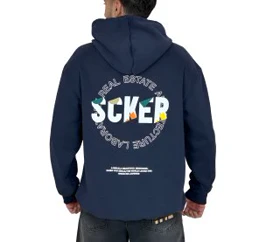 هودی سرمه ای اورسایز گرافیکی SCKER - طرح چاپ پشت - مناسب استایل یونیسکس