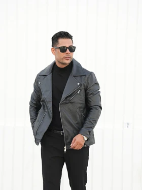 کاپشن مردانه چرم زیپ کج