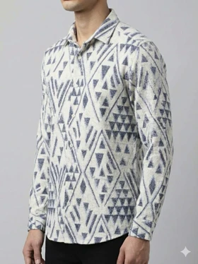 پیراهن کنفی مردانه آستین بلند طرحدار سفید سرمه ای کد 701