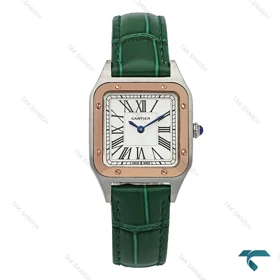 ساعت زنانه کارتیه سانتوس دومونت دو رنگ رزگلد بند چرم سبز Cartier-7302-L