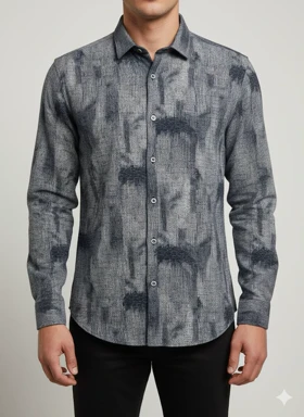 پیراهن مردانه آستین بلند کنفی طرحدار سورمه ای کد 1002