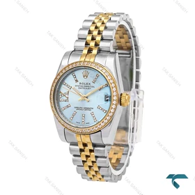 ساعت رولکس زنانه دورنگ طلایی دورنگین صفحه آبی Rolex-6539-L
