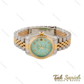 ساعت رولکس زنانه دورنگ طلایی دورنگین صفحه فیروزه ای Rolex-4848-L