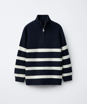 پلیور نیم زیپ راه راه سفید سرمه ای Zara252