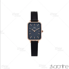 ساعت دنیل ولینگتون زنانه کوادرو قاب رزگلد صفحه سرمه ای بند چرم 107121