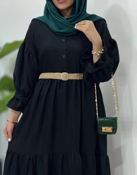 پیراهن مانتویی بلند ذرین به همراه کمربند کنفی