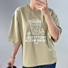 تیشرت باکسی DRINK MATCH زنانه اچ اند اچ (سبز سدری)