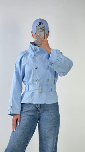 ترنچ کت کمر دار Bershka کد 600062 (آبی روشن)