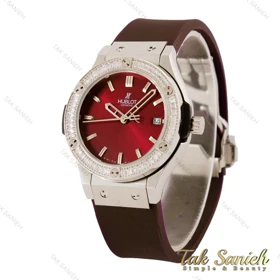 ساعت هابلوت زنانه قاب سیلور دورنگین زرشکی Hublot-5455-L