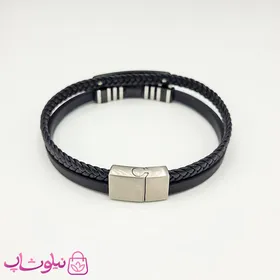 دستبند مردانه چرم استیل رولکس مشکی نقره ای