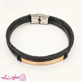 دستبند مردانه چرم و استیل مون بلان رزگلد مشکی