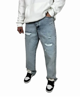 شلوار جین مردانه بگ فیت (Baggy Fit) - رنگ آبی یخی زاپدار - فیت لش