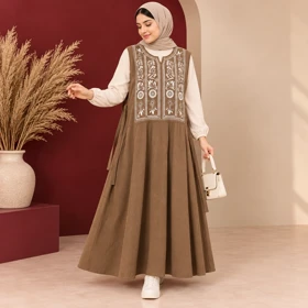 سارافون نخ لینن یقه چاپ الهه کد 6072 (قهوه ای نسکافه ای)