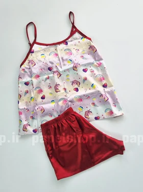 ست لباس خواب تاپ و شورتک ساتن طرح اسب شاخ دار و بستنی