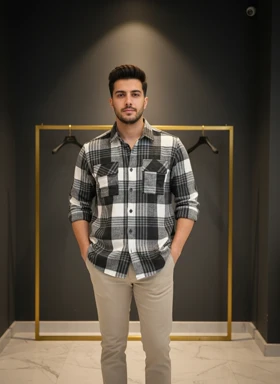 پیراهن پشمی چهارخونه با پارچه برس‌خورده نرم باترکیب رنگ مشکی سفید با ته مایه های طوسی – کد 893