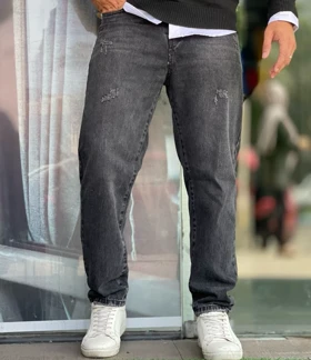 شلوار جین مام فیت ذغالی سنگی مردانه پارچه کجراه پنبه سنگشور کد 9679