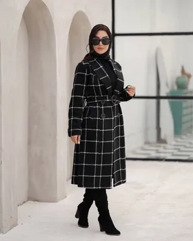 پالتو مدل چهارخونه بلند کمربند دار کد 2346