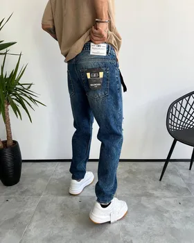 شلوار مام فیت آبی سرمه ای زاپ‌دار BALENCIAGA