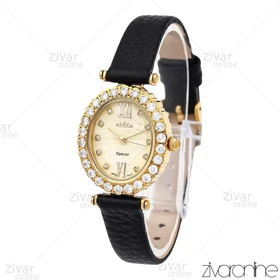 ساعت الکسا اسپشیال A2008 زنانه صفحه طلایی دور نگین بند چرمی 106219