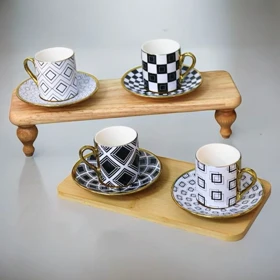 ست قهوه خوری شش نفره طرح دار سیاه و سفید دسته طلایی