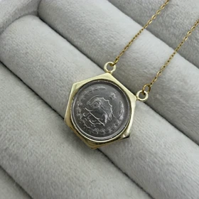 گردنبند طرح سکه قدیمی 6ضلعی خورشید و شیر