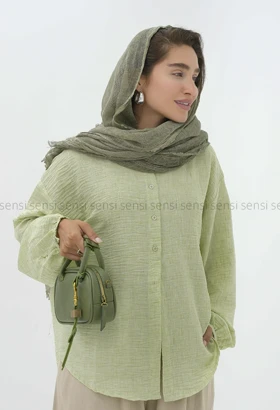 شومیز لینن یقه گردجلو بسته
