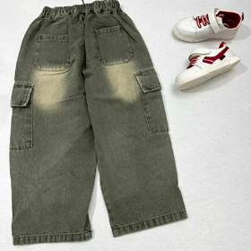 شلوار کارگو جین بچه گانه سنگشورشده 6 جیب اورجینال