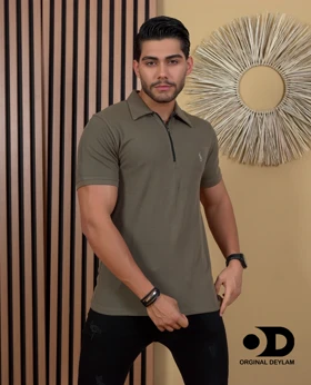 تیشرت نیم زیپ مردانه سبز زیتونی پارچه پنبه کبریتی خنک اعلا قواره اسلیم فیت