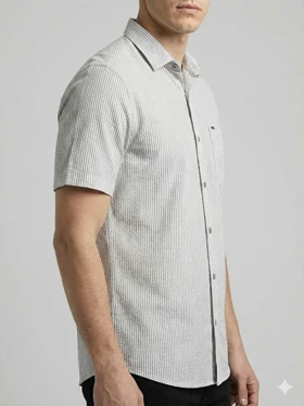 پیراهن مردانه آستین کوتاه راه راه کنفی طوسی 712